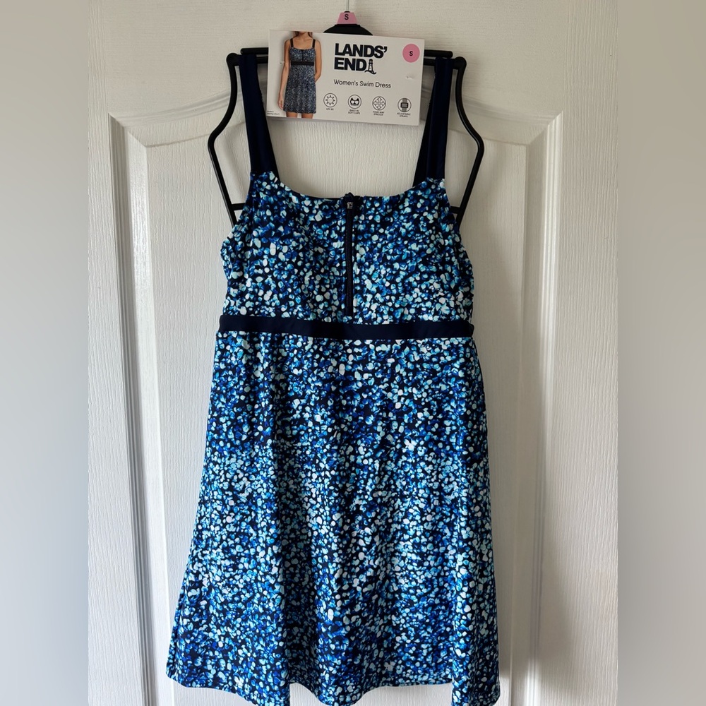 Lands' End Blue and White ladies one piece swim dress, NWT